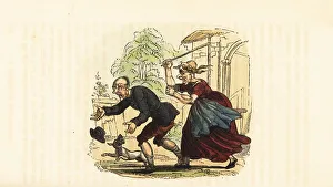 Flee Prints: A virago beating a man with a stick