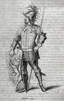 Armored Prints: Visigothic Hispania. Goth prince. Engraving, 19th century