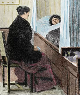 Visiting a sick woman. Colored engraving