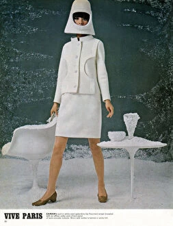 Headwear Collection: Viva Paris. Pierre Cardins suit in white wool gabardine (by Fournier