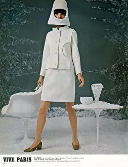 Couture Prints: Viva Paris. Pierre Cardins suit in white wool gabardine (by Fournier