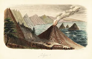 Achille Comte Prints: Volcano, mountains and basalt pillars