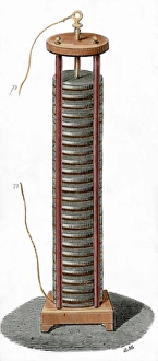 Physician Gallery: Voltaic pile by alessandro Volta. Colored engraving