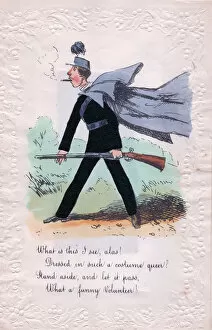 Volunteer soldier with rifle on a comic greetings card