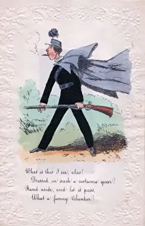 Embossed Prints: Volunteer soldier with rifle on a comic greetings card
