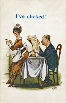 Waitress and customer on comic postcard