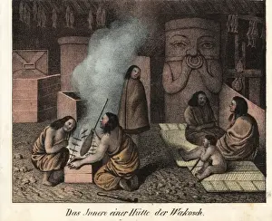 Barbecue Prints: Wakashan hut, with men barbecuing fish, totem