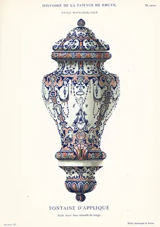 Earthenware Prints: Wall-mounted fountain, blue and red festoon style, Rouen