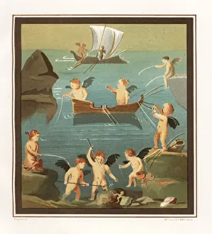 Cupids Prints: Wall painting of cupids playing, fishing