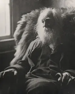 Walt Prints: Walt Whitman, half-length portrait, seated by window, facing