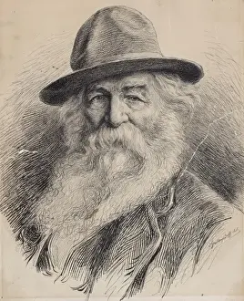 Walt Whitman, head-and-shoulders portrait, wearing hat