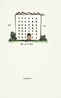 Revised Prints: Walter de la Mare drawing large building with chimneys