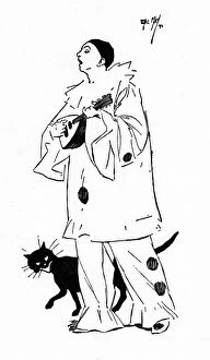 A wandering Pierrot Minstrel with his black cat