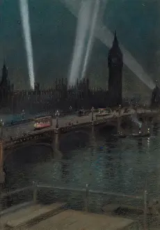 Blackout Prints: War Searchlights over Westminster Bridge, WW1