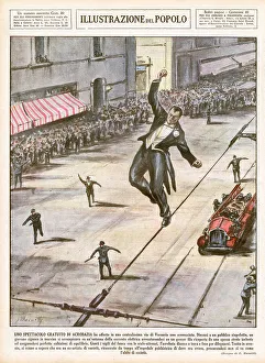 Stunt Prints: In Warsaw, a man tightrope walks along a tramway cable