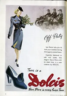 Heel Prints: Wartime advert for Dolcis shoes, featuring a festive sprig of holly. Date: 1943