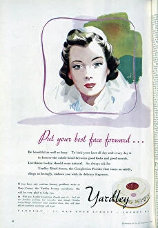 Cosmetics Collection: Wartime advert for Yardley Complexion Powder, featuring the face of a nurse. Date: 1943