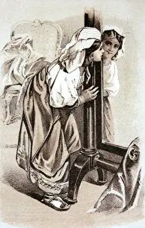 Mirrors Prints: A washer woman or maid, looking at her reflection in a mirro