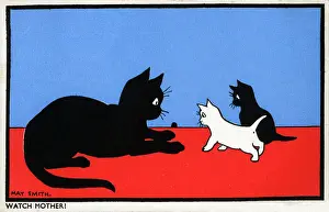 Waiting Prints: Watch Mother! A Mother Cat and her two kittens await a mouses departure from its