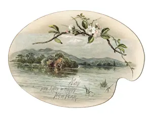 Water and hills on a palette-shaped New Year card
