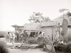 Water wheel irrigation, roadside food stall, Japan, c. 1870 s