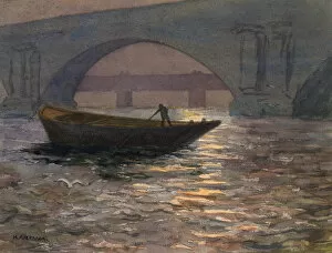 Watercolour by Harold Auerbach, boat on a river