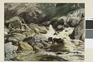 Watercolour sketch of stream with rocks