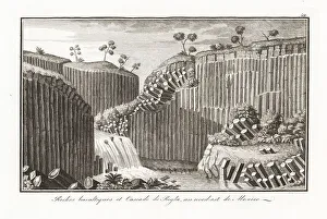 Mineralogy Prints: Waterfall between columnar basalt rocks at Regla, Mexico