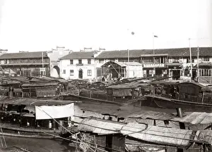 Waterfront and boats, Macau, China, circa 1890. Date: circa 1890
