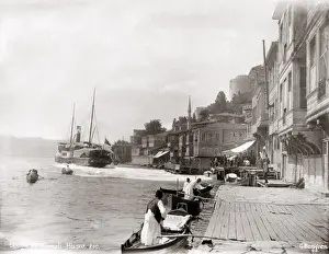 Waterfront and boats at Rumelihisari, Turkey, circa 1890