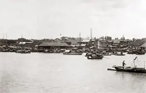 Guangzhou Prints: Waterfront view, Canton (Guangzhou) China, circa 1890s. Date: circa 1890s