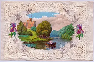 Waterside summer scene on a paper lace greetings card