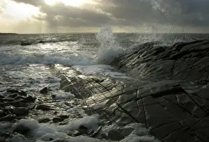 Galloway Prints: Waves splash against the shining black rocks at Knockbrex