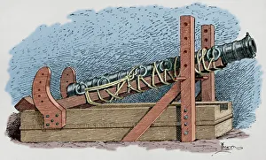 Arming Collection: Weaponry, Middle Ages. Bombard. Engraving by Serra
