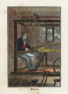Arts Gallery: A weaver weaving fabric on a loom in a cottage