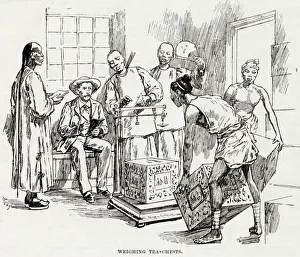 Weighing tea chests, China