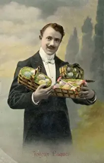 Well-dressed man with armful of Easter eggs