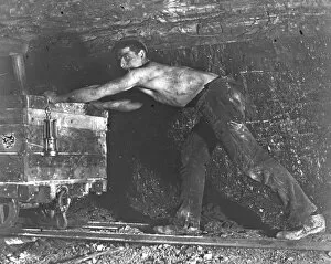 Colliery Collection: Welsh miner in coal mine pushing truck
