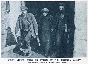 Mines Prints: Welsh miners going on strike at the Rhondda valley colliery: Men leaving the mines