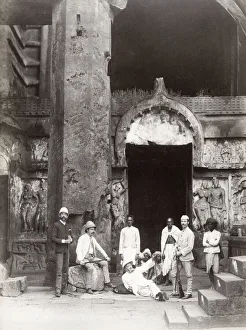 Westerners and native Indian men, temple, , India
