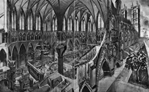 Westminster Abbey with cut away showing interior for Coronat