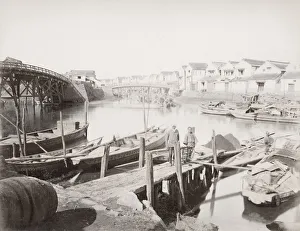 Rowboat Prints: Wharf with boats and boatmen, Japan
