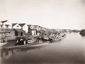 Waterfront Prints: Wharves and godowns or warehouses, port city, Japan