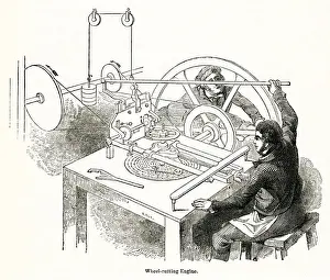 Clerkenwell Prints: Wheel cutting at a clock factory, Moore and Co, London 1842