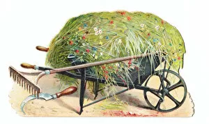 Images Dated 9th May 2018: Wheelbarrow and tools on a cutout greetings card