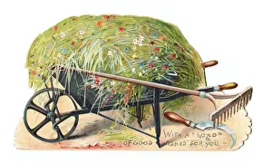 Images Dated 9th May 2018: Wheelbarrow and tools on a cutout greetings card