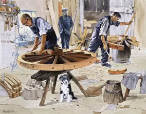 Carpenter Collection: Wheelwrights making cart wheels