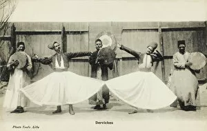 Two Whirling Dervishes with musicians
