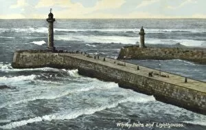 Images Dated 12th May 2011: Whitby Piers and lighthouses, Yorkshire