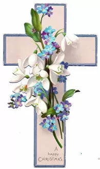 Victorian and Edwardian Christmas Cards Gallery: White and blue flowers on a cross-shaped Christmas card